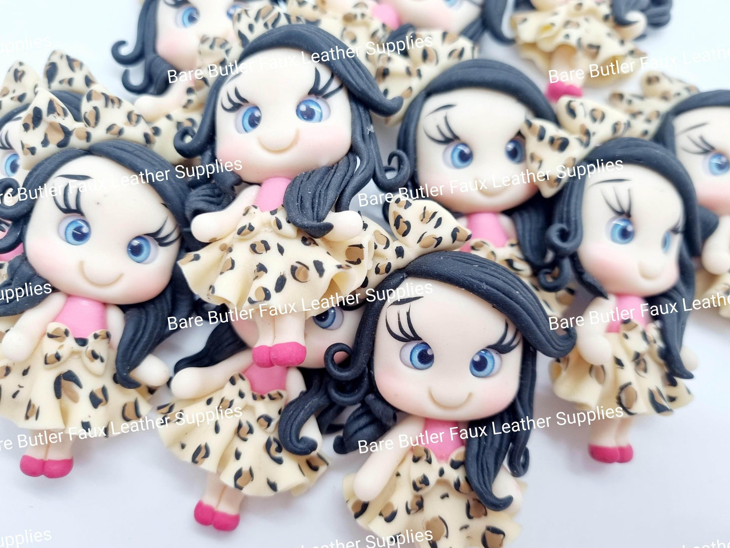 Girls in Leopard dress black hair pink shoes - character, Clay, Clays, leopard - Bare Butler Faux Leather Supplies