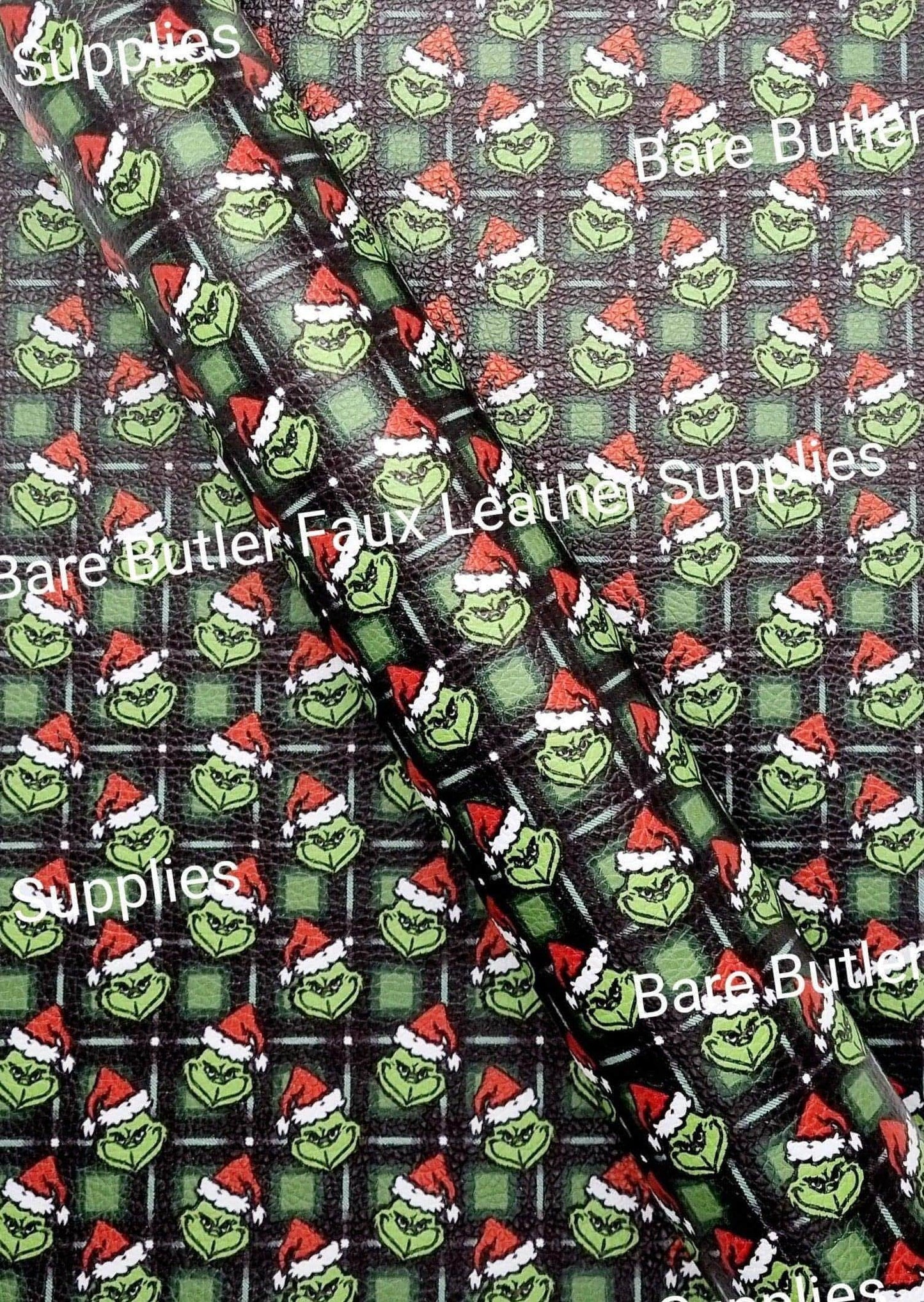 Green Plaid Grinch in Santa Hat Litchi - christmas, Faux, Faux Leather, grinch, Leather, leatherette, Litchi, santa - Bare Butler Faux Leather Supplies
