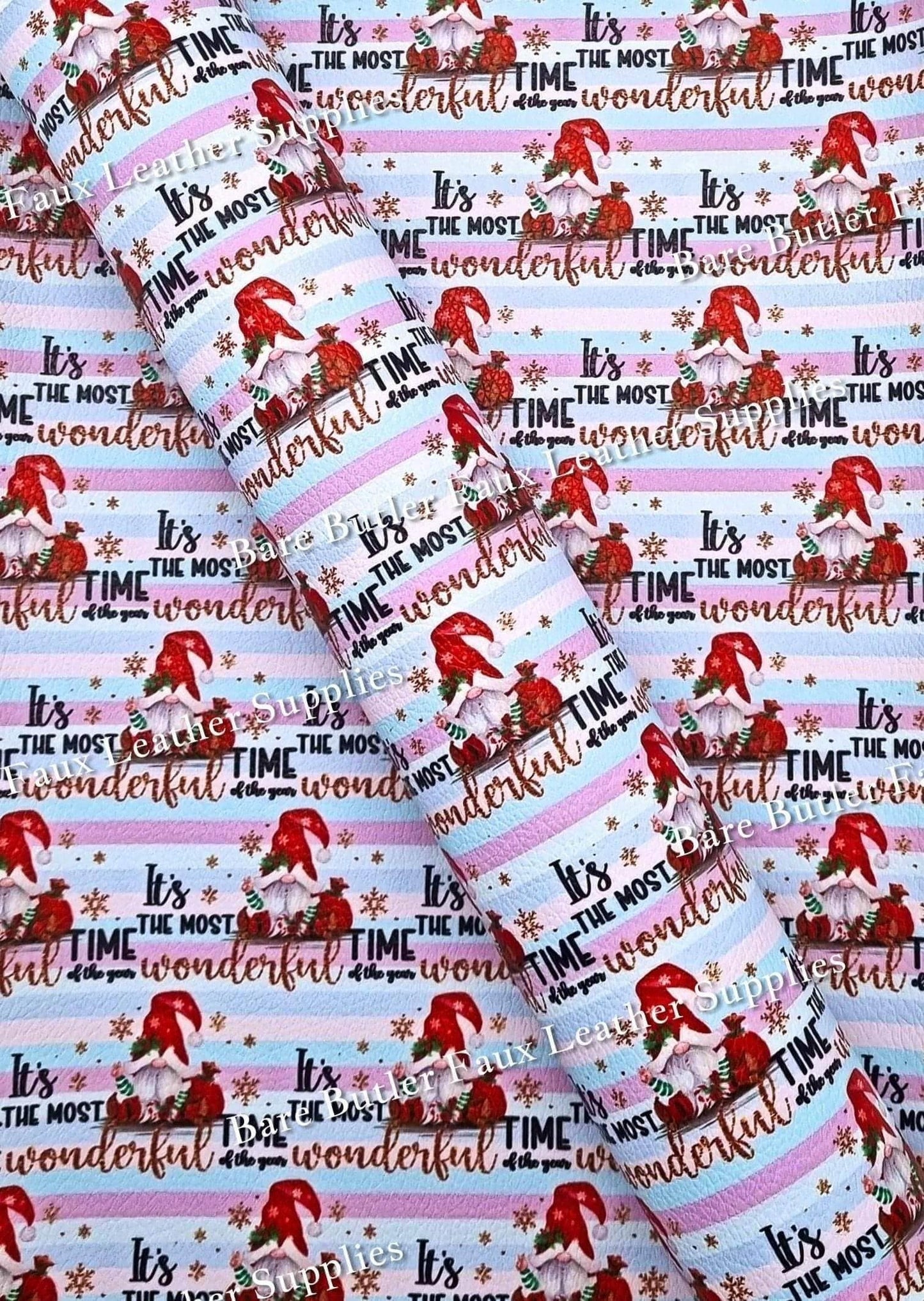 It's The Most Wonderful Time of The Year Litchi - 12 days, christmas, Dancing, deer, Faux, Faux Leather, Gnome, Gnomes, ho ho ho, Leather, leatherette, Litchi, ribbon, santa, snowflake, Snowflakes, stocking - Bare Butler Faux Leather Supplies