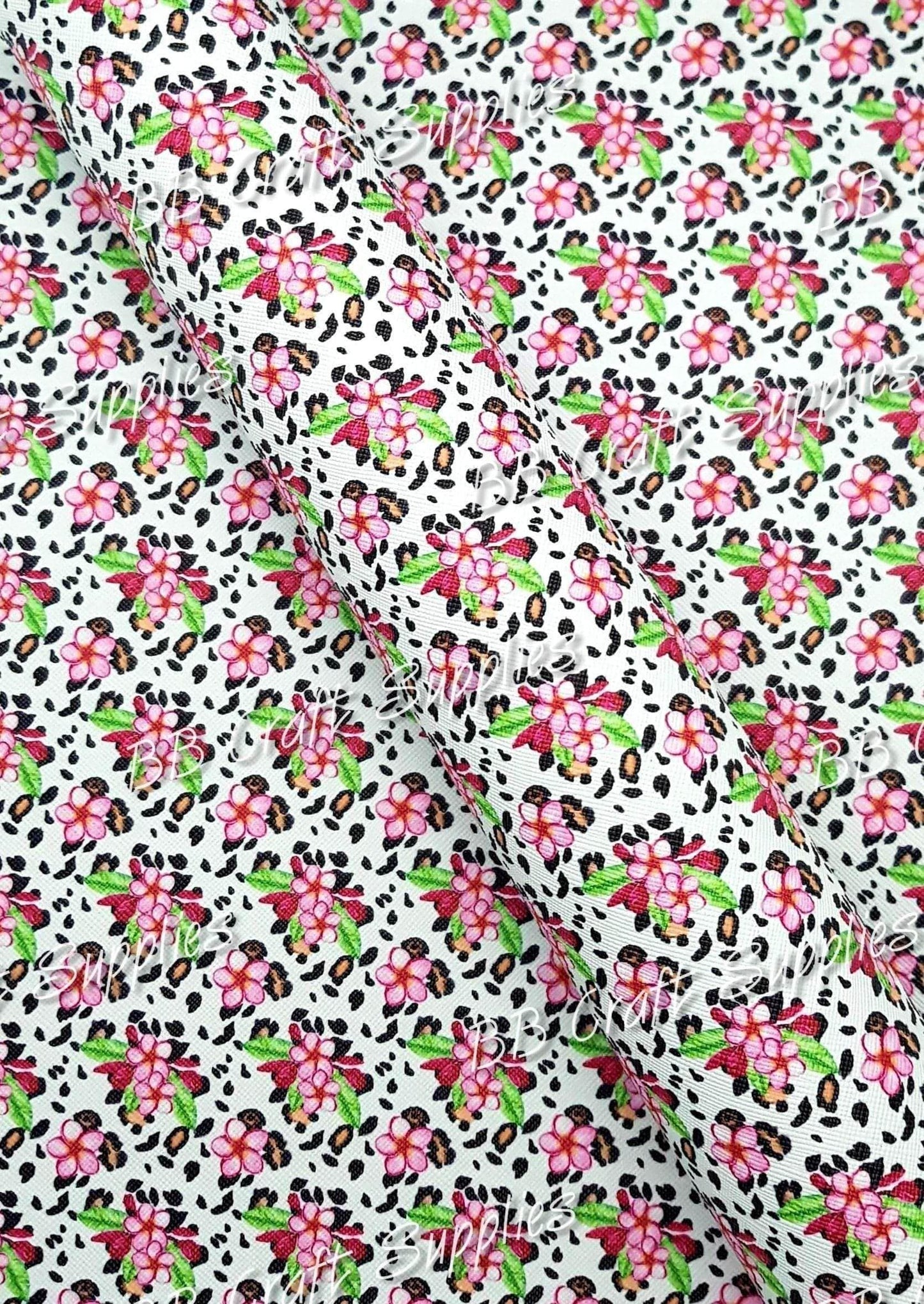 Leopard Frangipani's Faux Leather - Faux, Faux Leather, Flora, floral, Florals, flower, Flowers, Frangipani, Leather, leatherette, leopard - Bare Butler Faux Leather Supplies