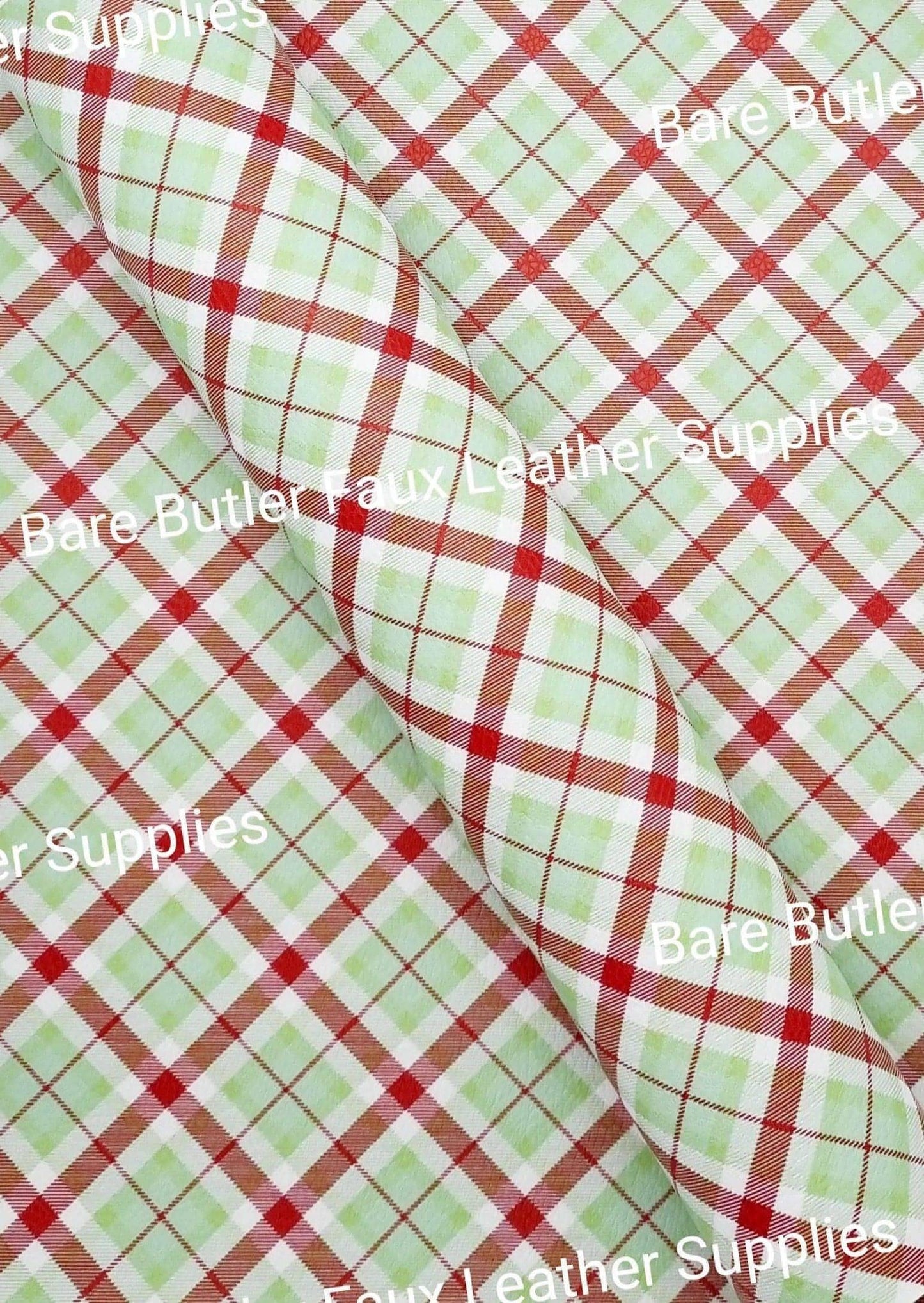 Light Green & Red Plaid Faux Leather - Fabric, Faux, Faux Leather, Leather, leatherette, Litchi - Bare Butler Faux Leather Supplies