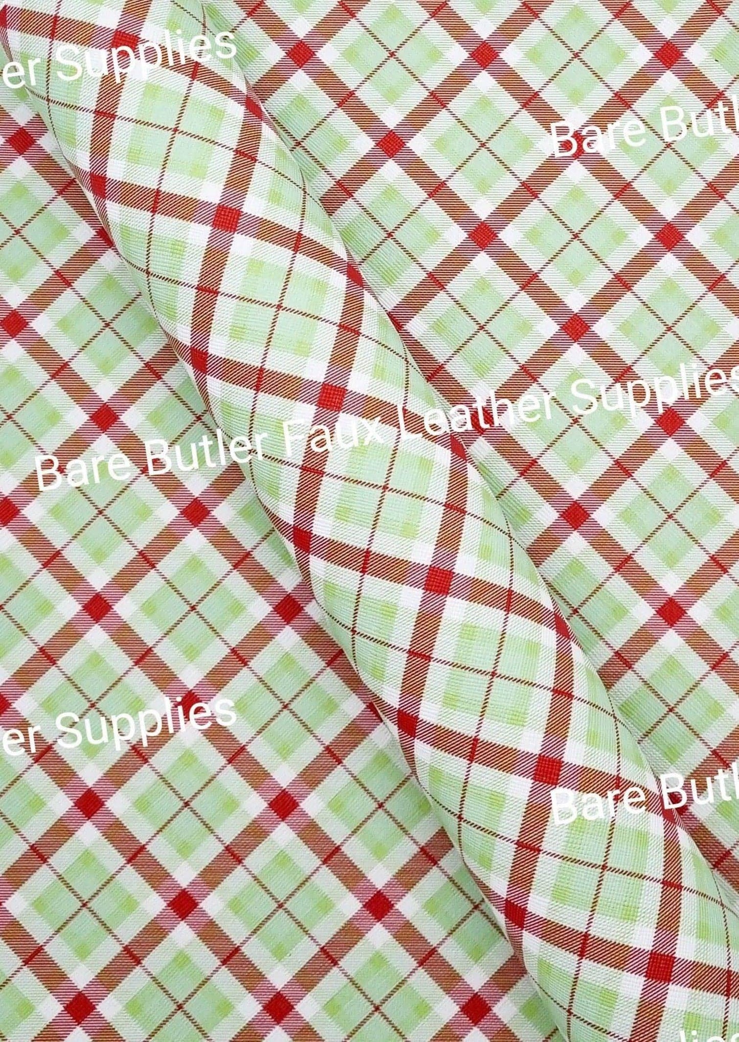 Light Green & Red Plaid Litchi - Fabric, Faux, Faux Leather, Leather, leatherette, Litchi - Bare Butler Faux Leather Supplies