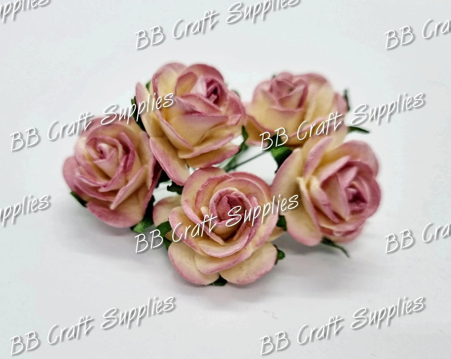 Mini Roses Cream/Violet tips 5 Pack - cream, Embelishment, Flower, mini, Mulburry, mullberry, rose, violet - Bare Butler Faux Leather Supplies