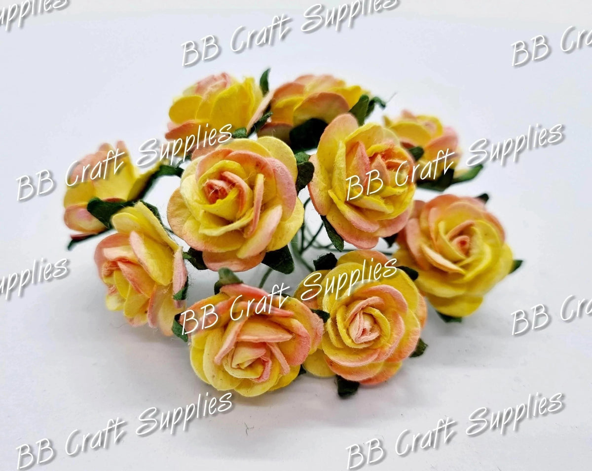 Mini Roses Yellow/Pink tips 10 Pack - Embelishment, Flower, mini, Mulburry, mullberry, pink, rose, yellow - Bare Butler Faux Leather Supplies