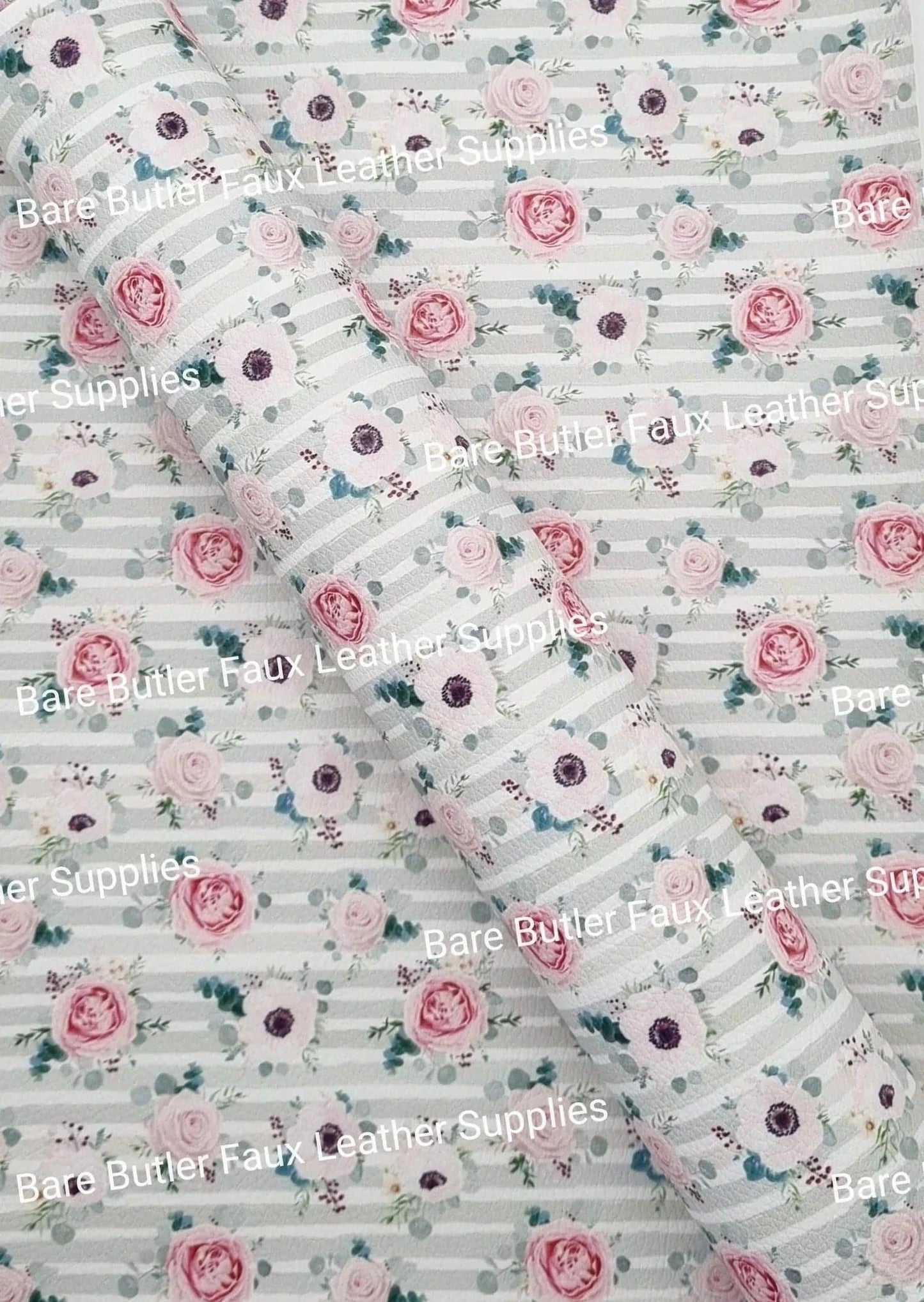 Pastel Splendor Green & White Stripe Litchi - Faux, Faux Leather, Flora, floral, Florals, flower, Flowers, green, Leather, leatherette, Litchi, peonies, Stripe, Stripes - Bare Butler Faux Leather Supplies