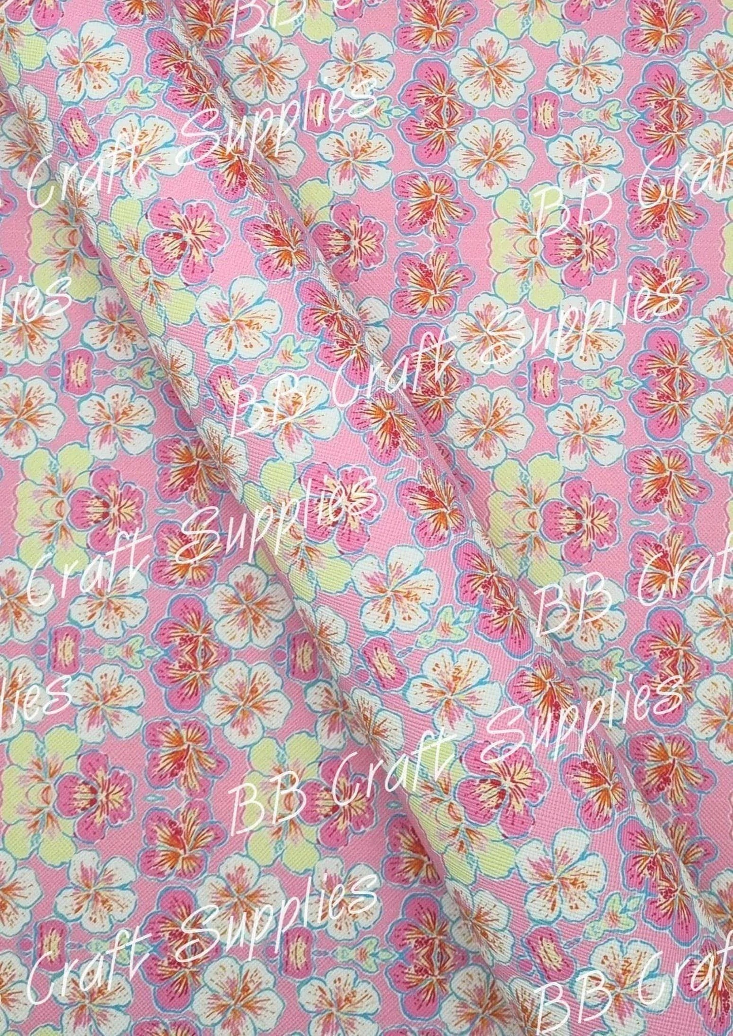 Pink & Yellow Hibiscus Faux Leather - Faux, Faux Leather, floral, Flower, hibiscus, Leather, leatherette, pink & Yellow, tropical - Bare Butler Faux Leather Supplies