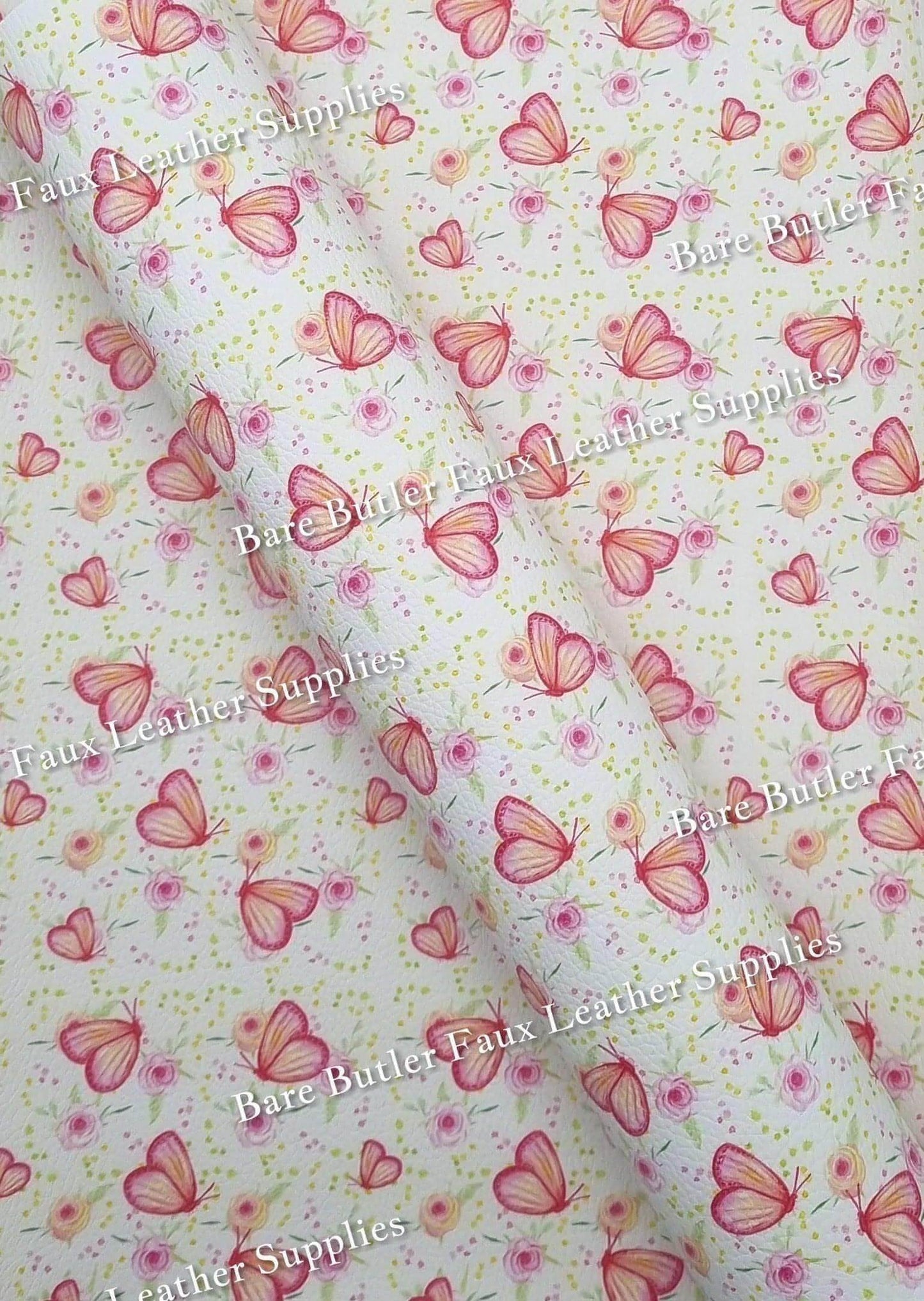 Pink Butterfly's Litchi - Bee, butter, butterflies, Butterfly, colourful, Faux, Faux Leather, flower, iris, Leather, leatherette, Litchi, pastels - Bare Butler Faux Leather Supplies