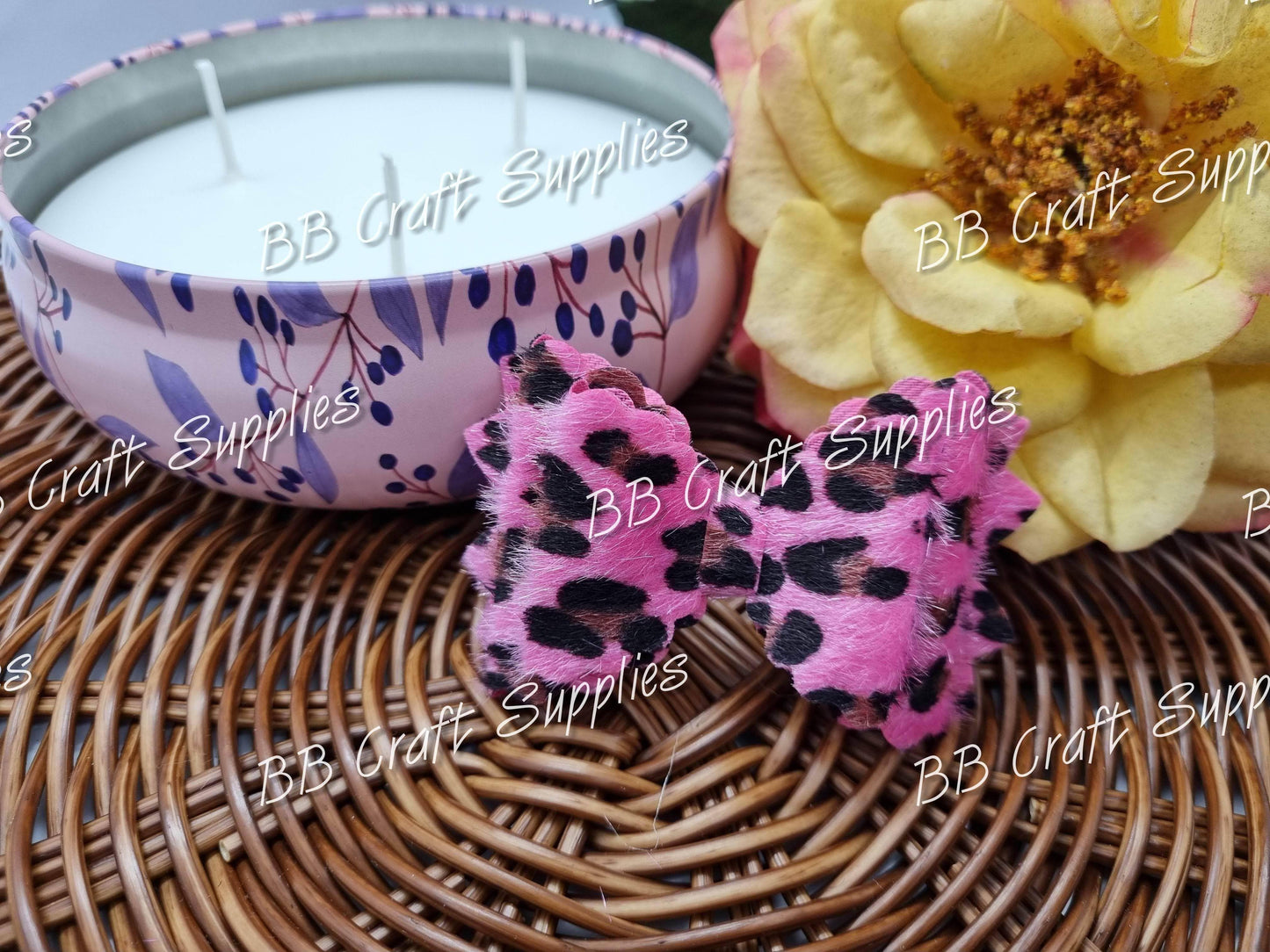 Pink Leopard Bow 3.5in - bow, Leopard - Bare Butler Faux Leather Supplies