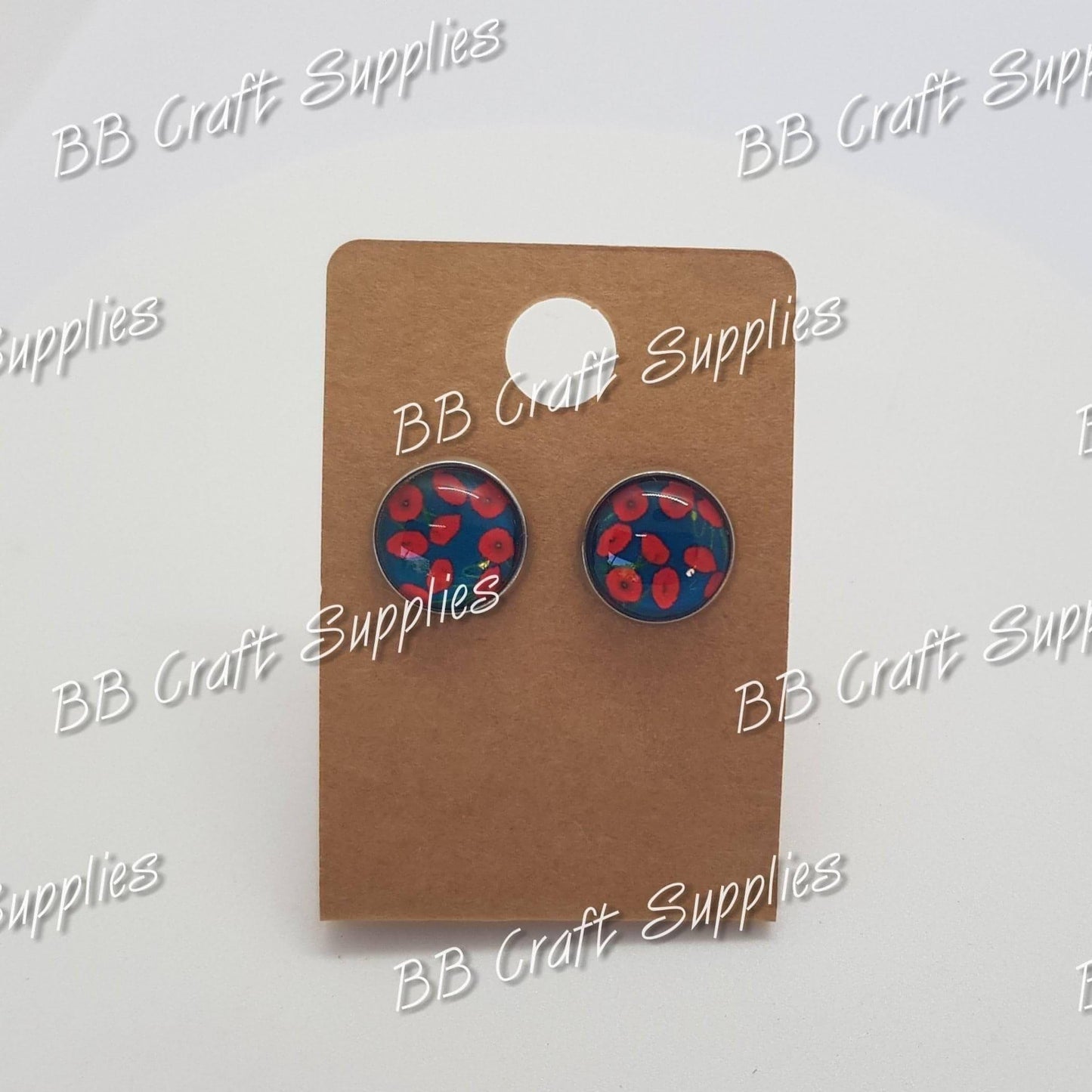 Poppy Flower Round Glass Cabochon Earrings - Anzac, Anzac Day, earing, Flowers, Poppy - Bare Butler Faux Leather Supplies
