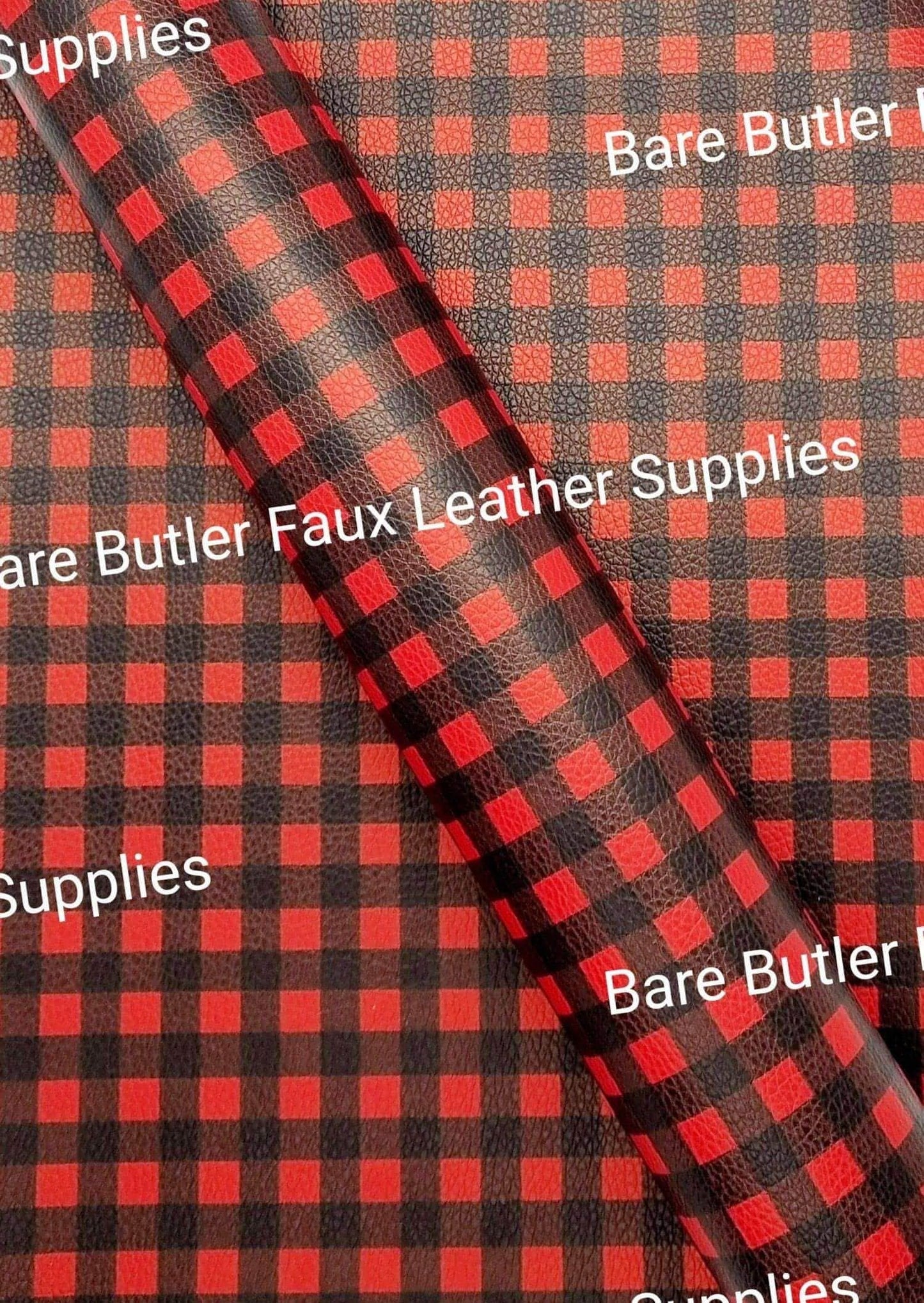 Red & Black Plaid Litchi - Fabric, Faux, Faux Leather, Leather, leatherette, Litchi - Bare Butler Faux Leather Supplies