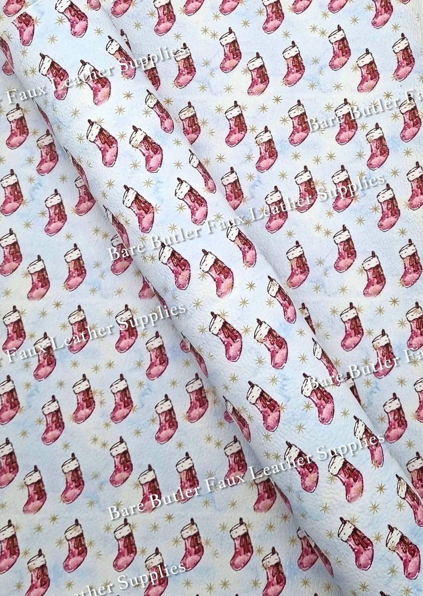 Red Stockings Litchi - 12 days, christmas, Dancing, Faux, Faux Leather, Gnome, Gnomes, ho ho ho, Leather, leatherette, Litchi, Red, ribbon, santa, snowflake, Snowflakes, stocking - Bare Butler Faux Leather Supplies