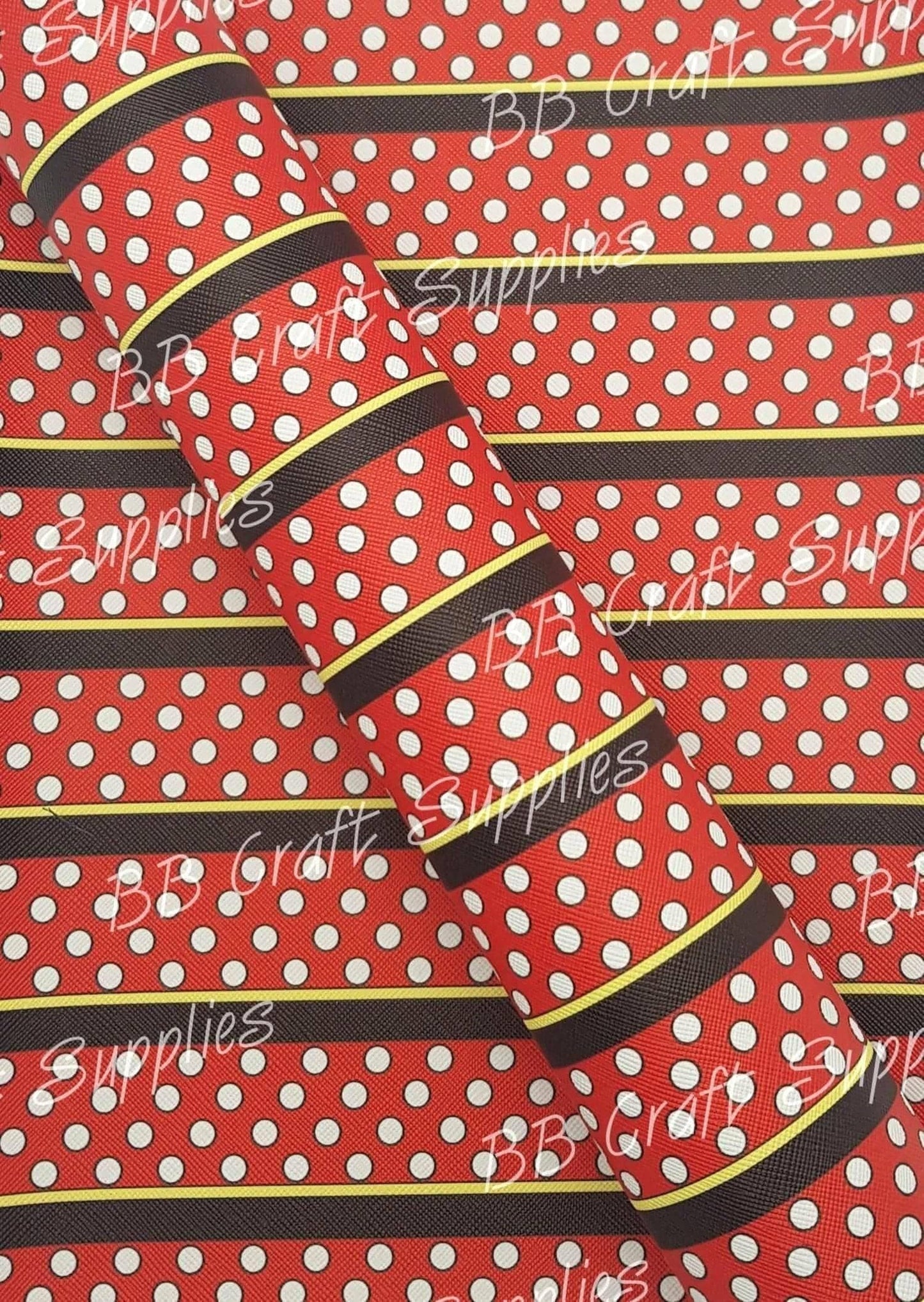 Red Strip, White Polka Dots Faux Leather - Character, Faux, Faux Leather, Leather, leatherette, Minnie Mouse - Bare Butler Faux Leather Supplies