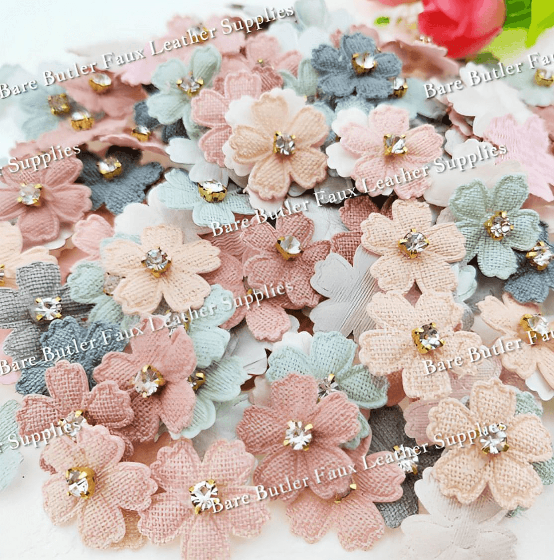 Rhinestone Centered Flowers - 10 Pack - New Colours Added - accessories, christmas, Embelishment, Holly - Bare Butler Faux Leather Supplies
