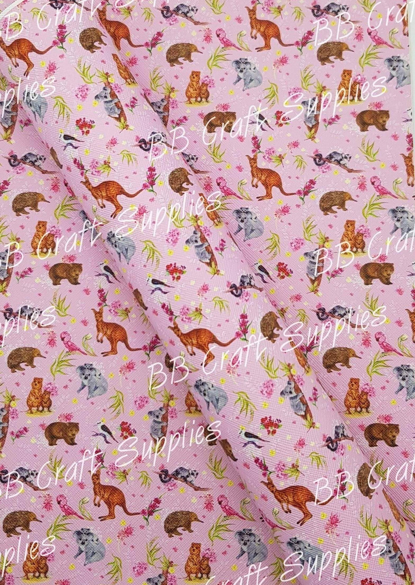 Roll - Native Animals - Pink - Australiana, Faux, Faux Leather, floral, Leather, leatherette, Native - Bare Butler Faux Leather Supplies