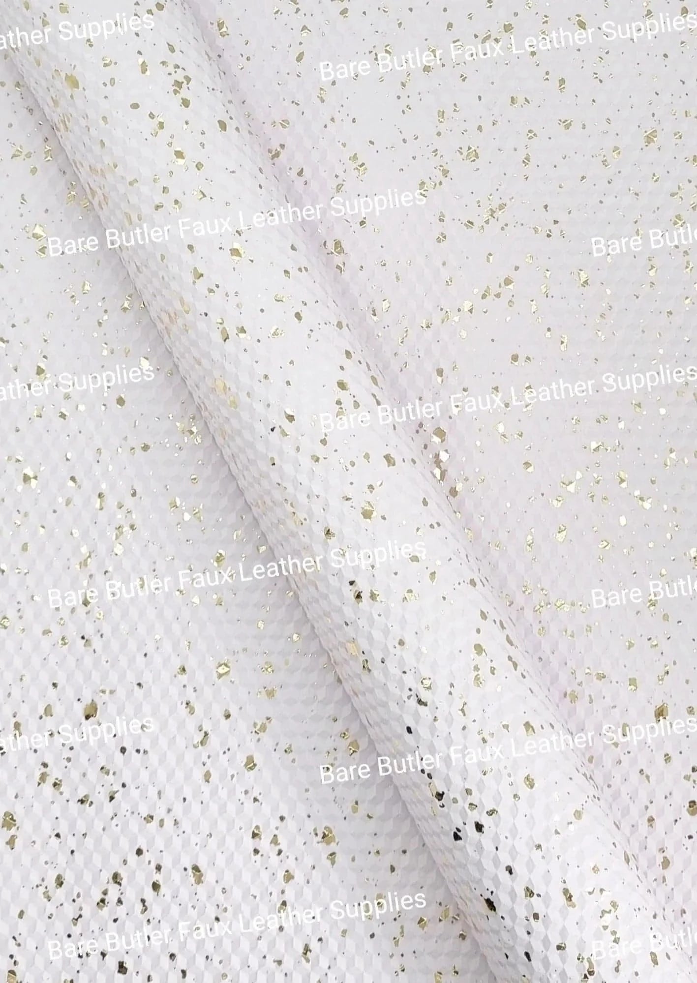 Roll - White & Gold Geo Textured - 3d, Bling, Faux, Faux Leather, Geo, Leather, leatherette - Bare Butler Faux Leather Supplies