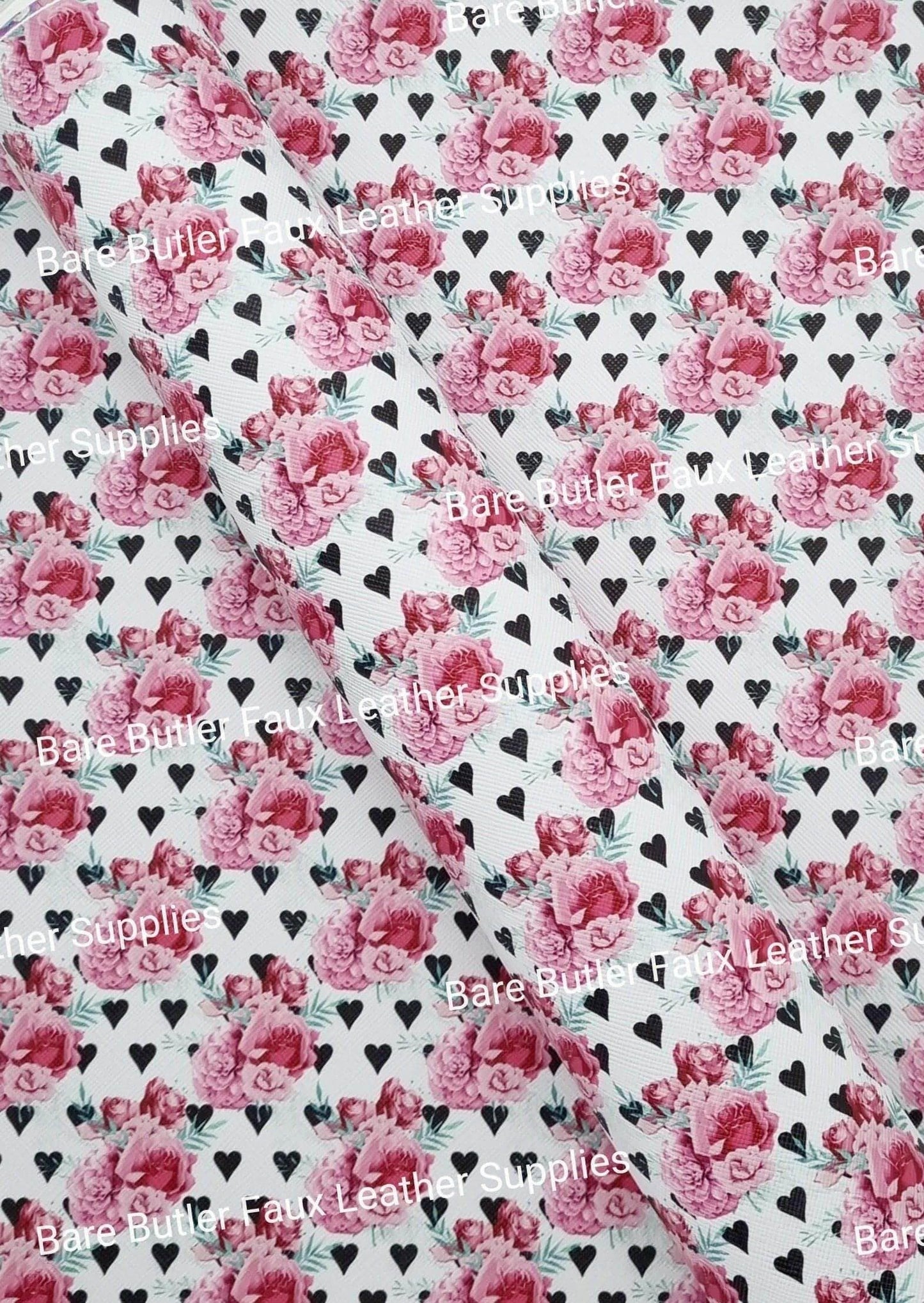 Roses & Hearts Faux Leather - Alice, Alice in wonderland, colourful, Faux, Faux Leather, flower, Leather, leatherette, Litchi, Queen, queen of hearts - Bare Butler Faux Leather Supplies