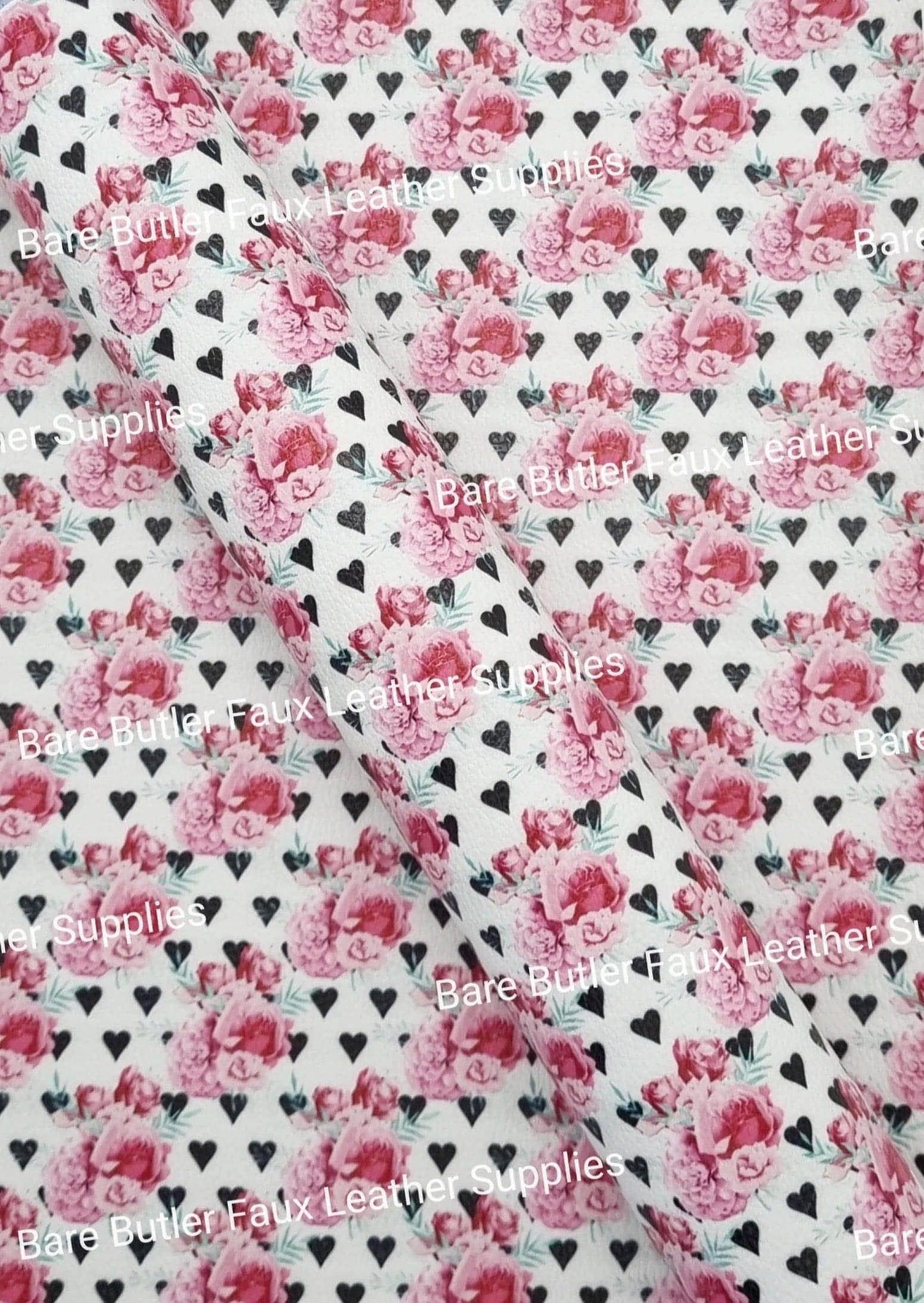 Roses & Hearts Litchi - Alice, Alice in wonderland, colourful, Faux, Faux Leather, flower, Leather, leatherette, Litchi, Queen, queen of hearts - Bare Butler Faux Leather Supplies