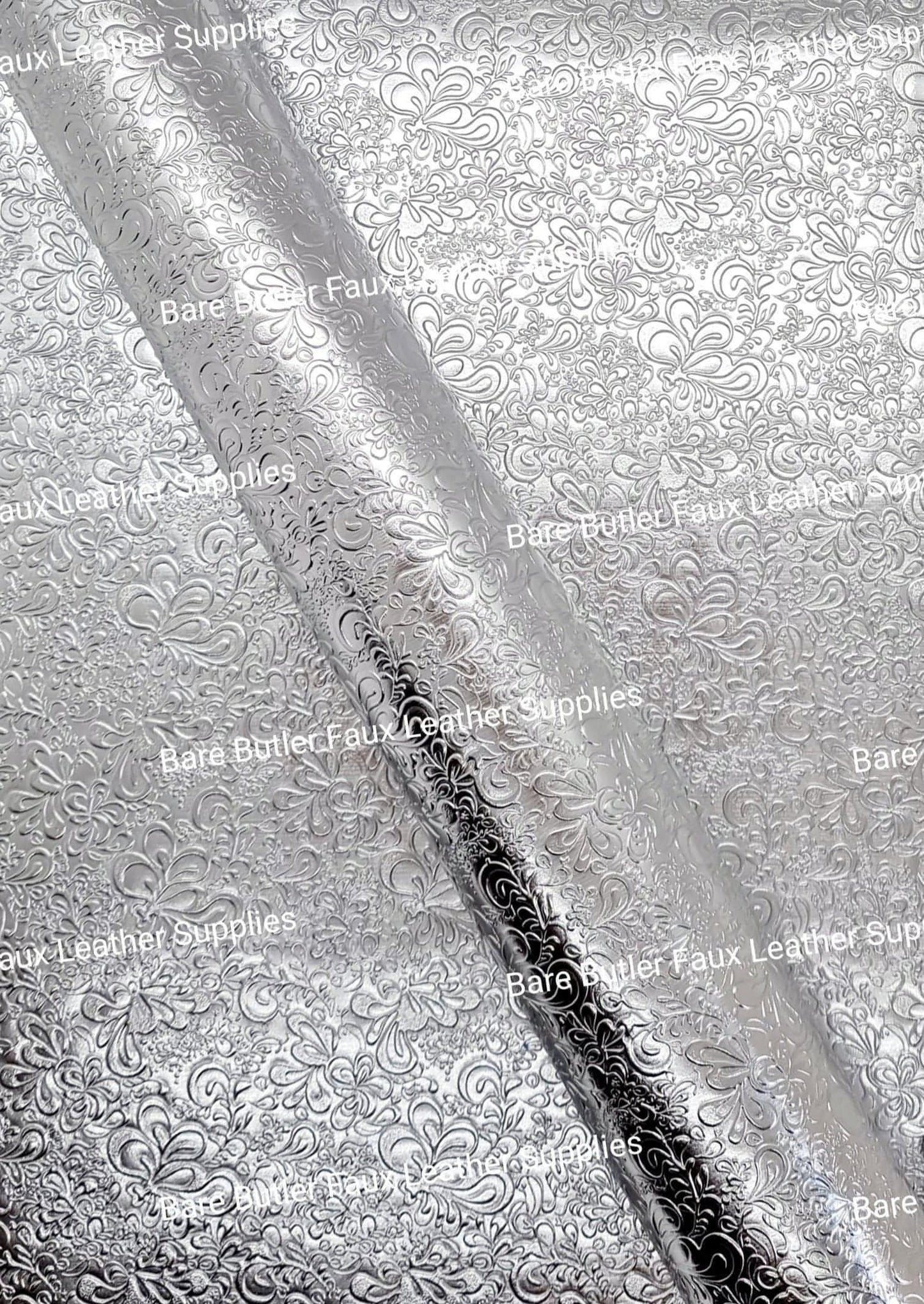 Silver Embossed Metallic Floral - embossed, Faux, Faux Leather, Floral, Leather, leatherette, metallic, shimmer, shine, Whats new - Bare Butler Faux Leather Supplies