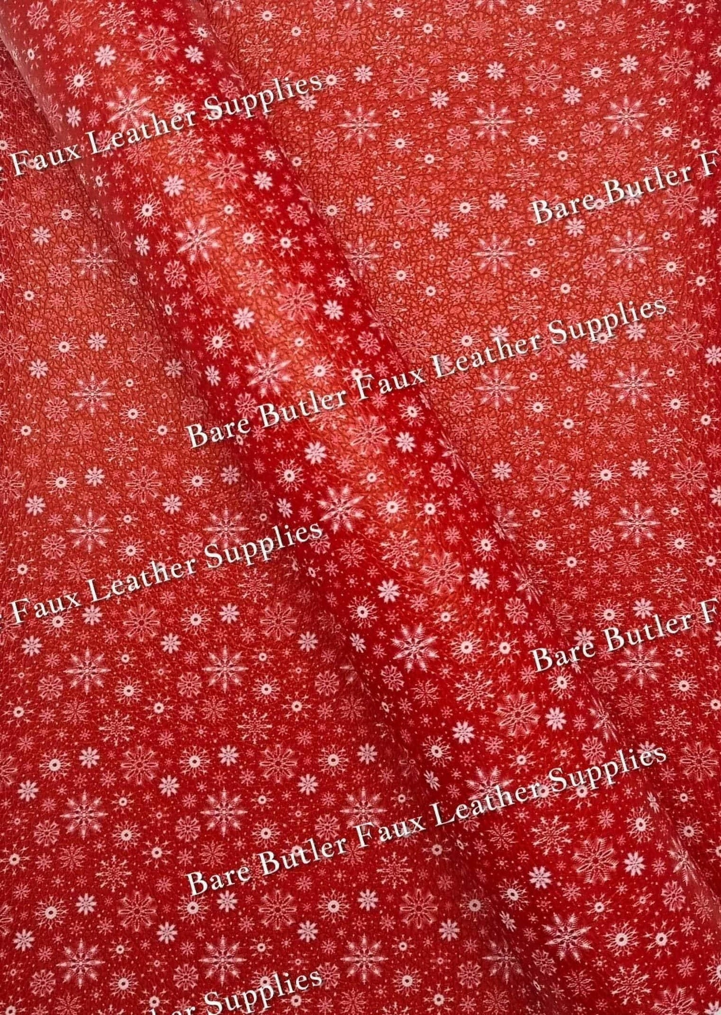 Snowflakes Red Litchi - christmas, Faux, Faux Leather, Gnome, Gnomes, ho ho ho, Leather, leatherette, Litchi, Red, santa, snowflake, Snowflakes - Bare Butler Faux Leather Supplies