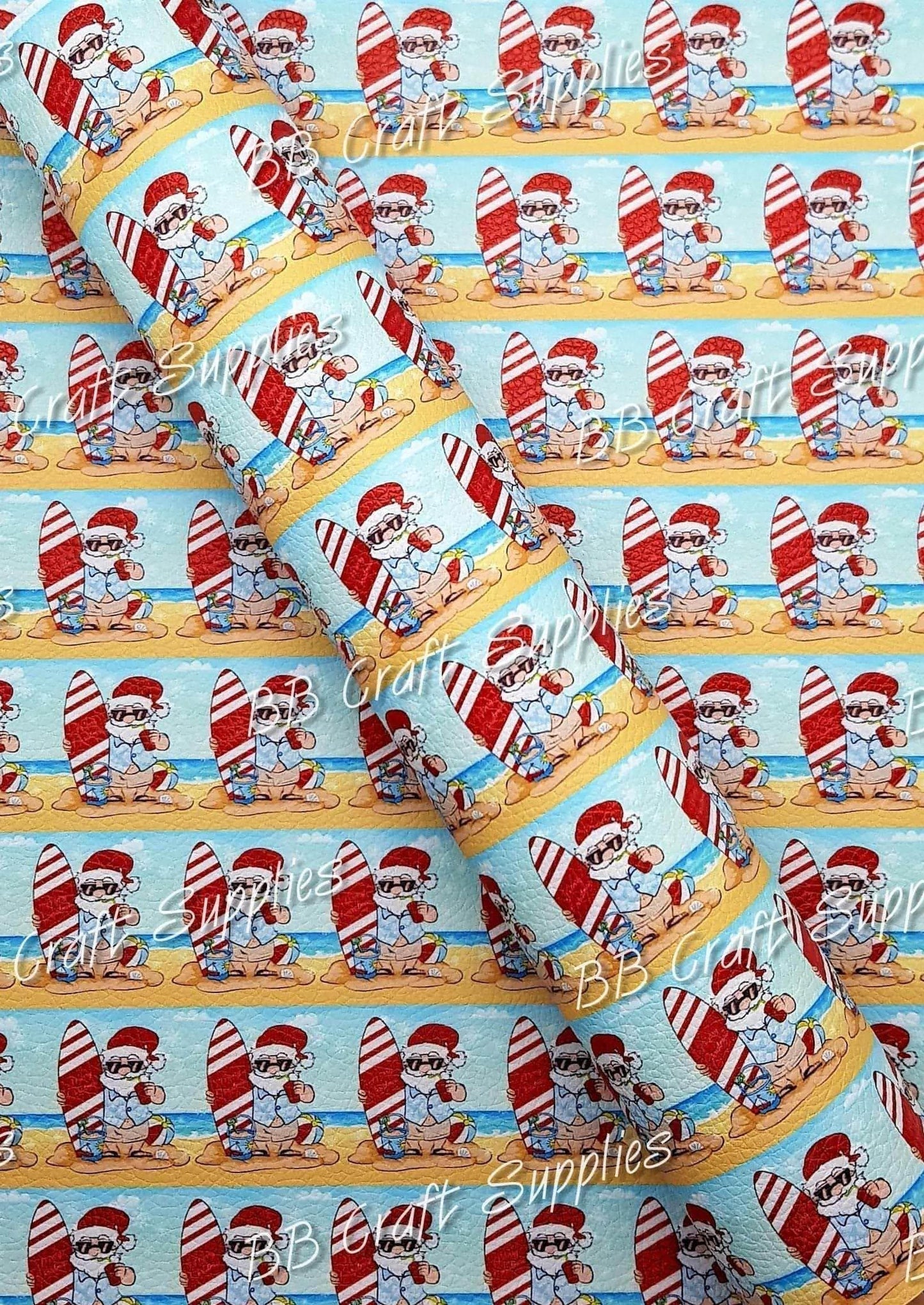 Surfing Santa Litchi - Christmas, Faux, Faux Leather, Leather, leatherette, Litchi, santa, surfing - Bare Butler Faux Leather Supplies