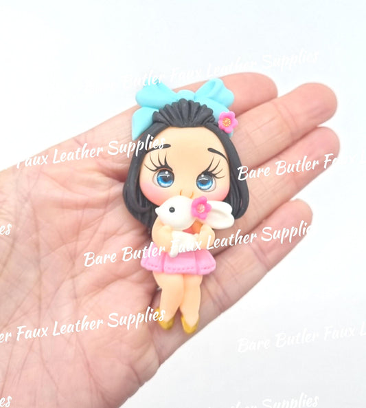 Girl with Blue Bow Holding Rabbit - Bare Butler Faux Leather Supplies 