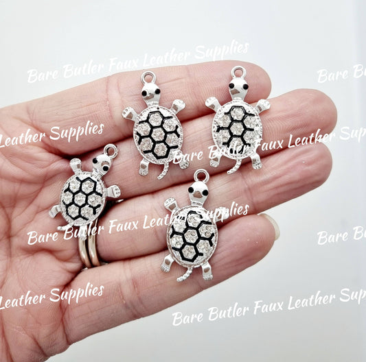 Rhinestone Turtle Charm Silver - Bare Butler Faux Leather Supplies 