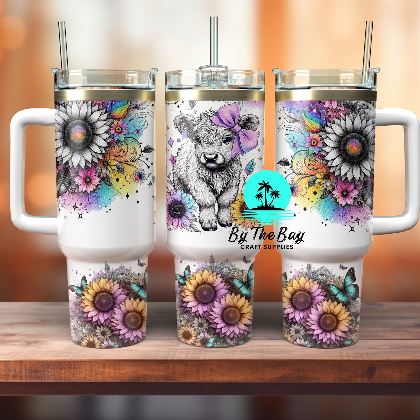 Rainbow Sunflower Highland Cow 40oz Tumbler SUB PRINT