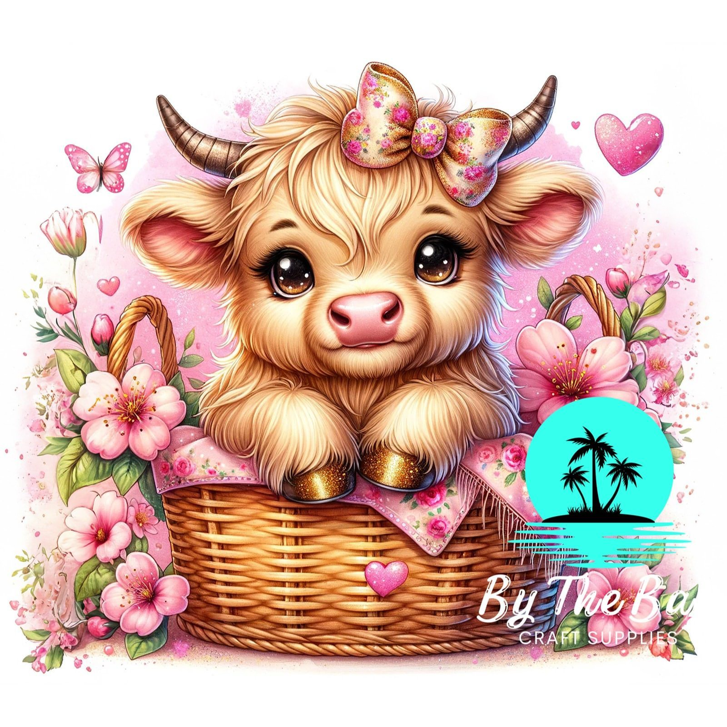 Pink flowers Highland Cow in basket  SUB PRINT
