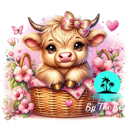 Pink flowers Highland Cow in basket  SUB PRINT