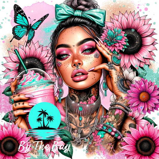 Tattoos, pink sunflowers & teal bows SUB PRINT
