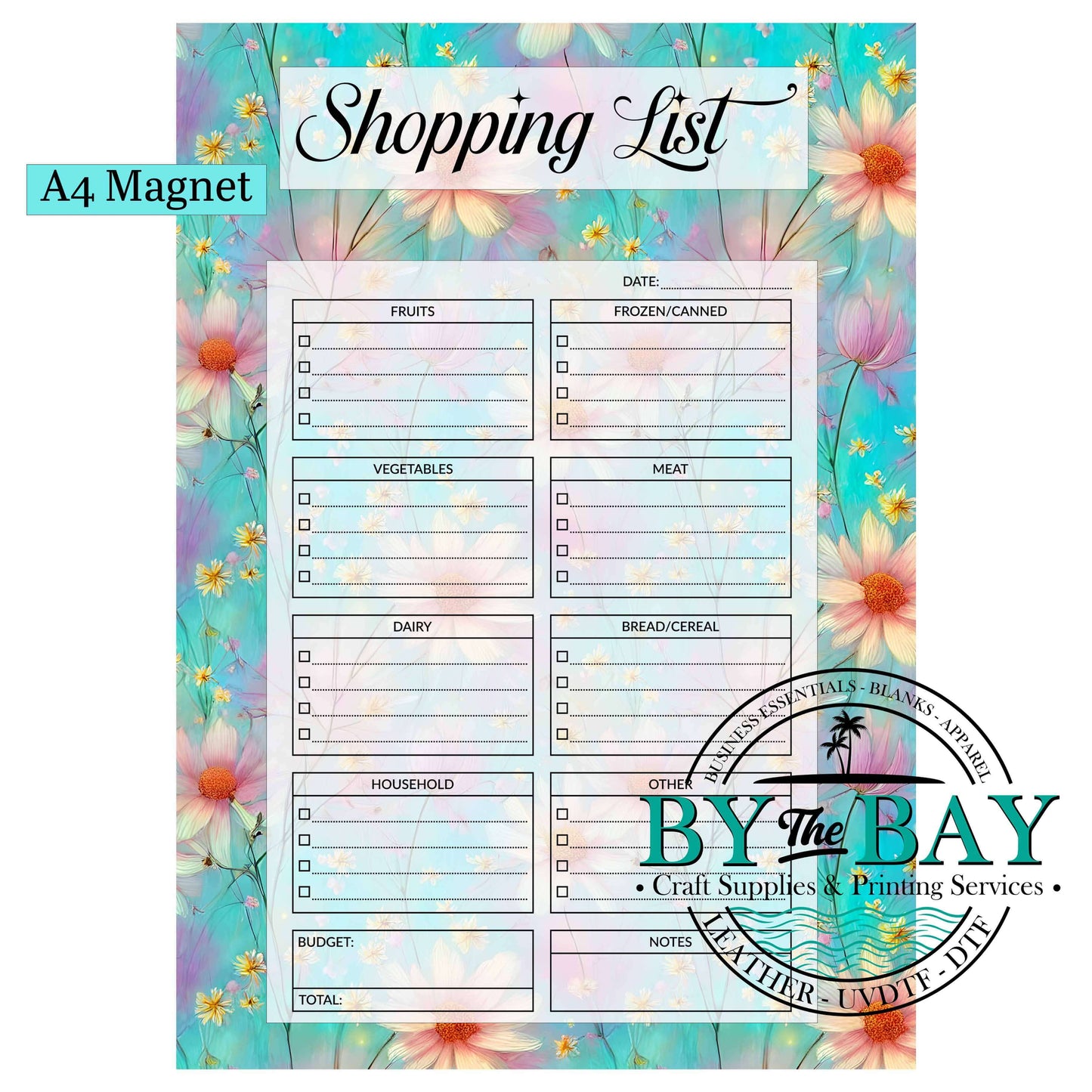Blue Flowers A4 Shopping List Magnet