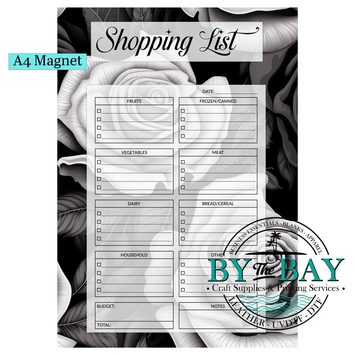 Black & White Roses A4 Shopping List Magnet
