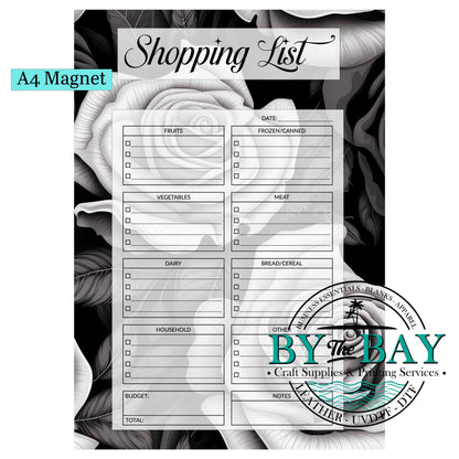 Black & White Roses A4 Shopping List Magnet