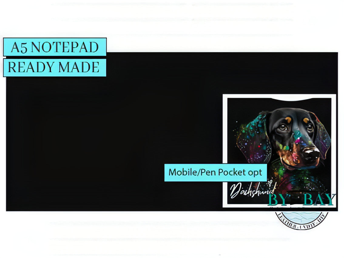 Black Dachshund - Ready made notepad Cover (Notepad & Pocket options available)