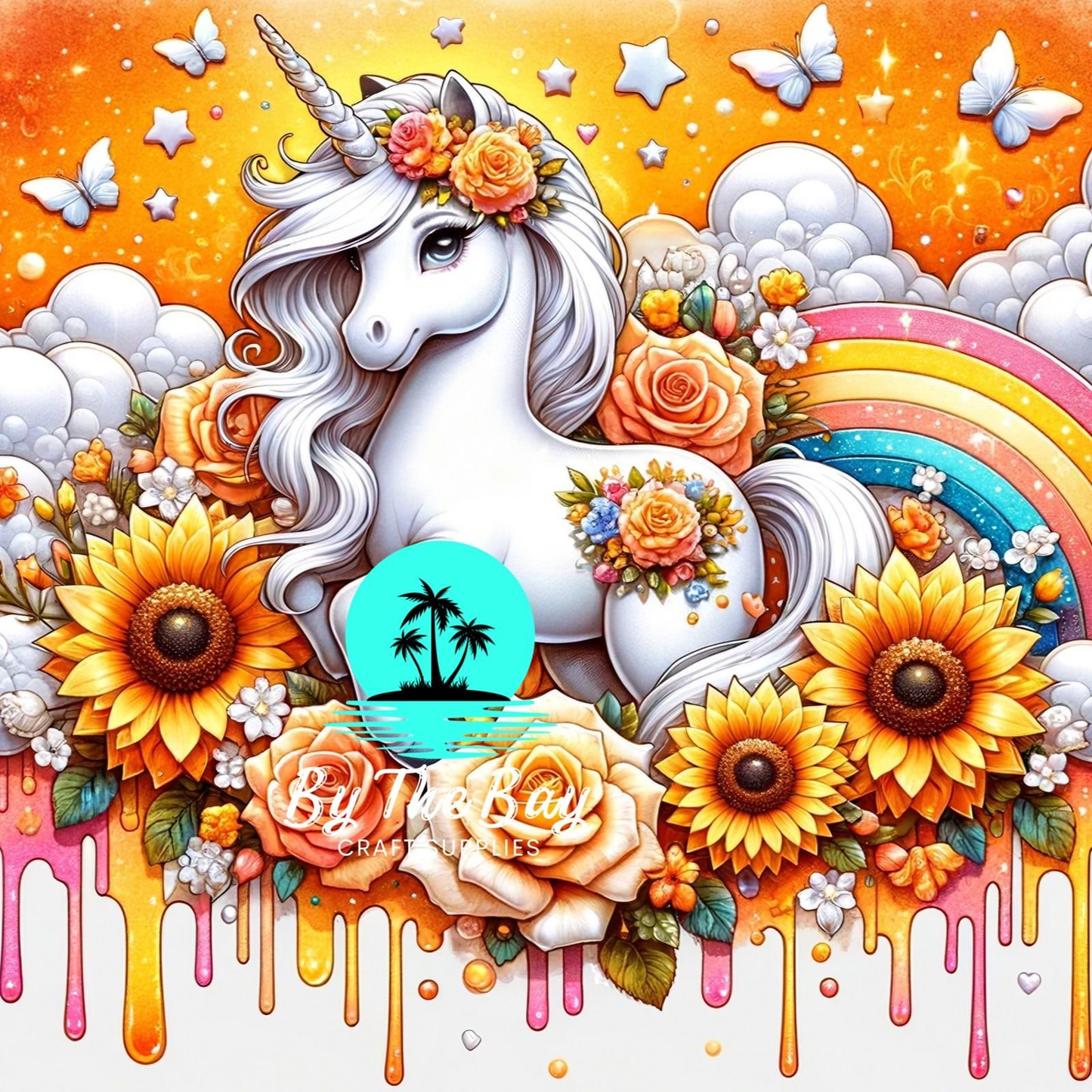Unicorn  with sunflowers & rainbow SUB PRINT