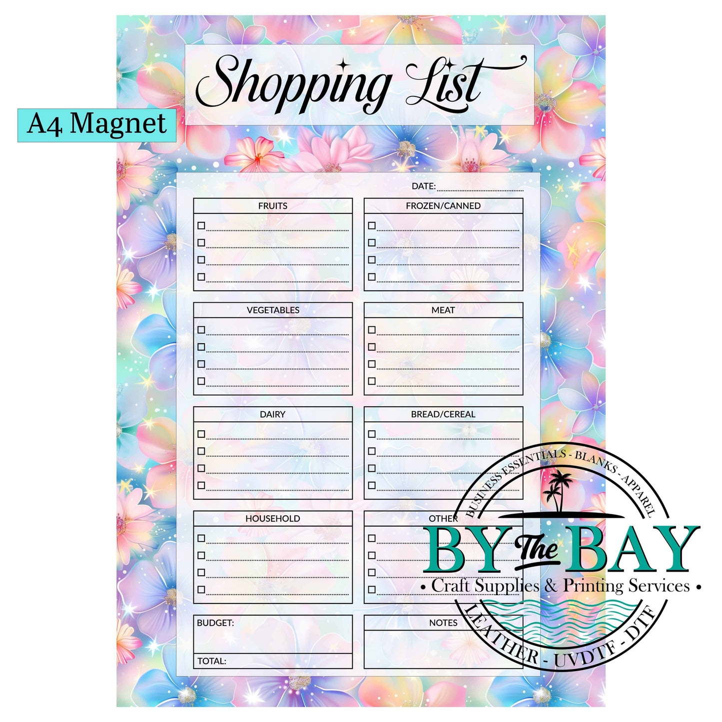 Glitter Flowers A4 Shopping List Magnet