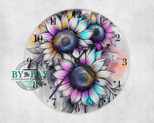 Grey Sunflowers Clock