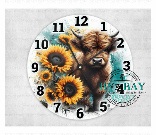 Highland Cow Sunflowers Clock
