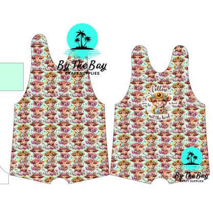 Mint Highland Cow Short leg Romper FINISHED