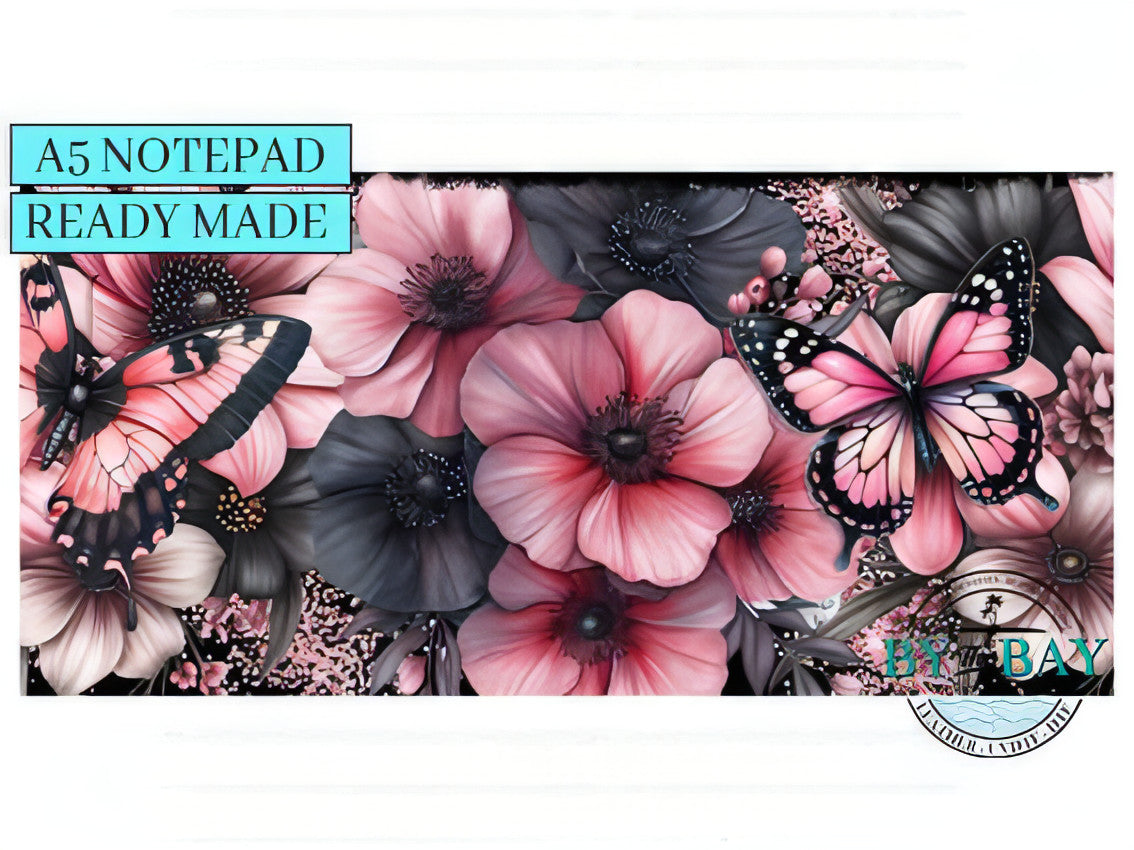 Pink & Black Butterfly Florals- Ready made notepad Cover (Notepad & Pocket options available)