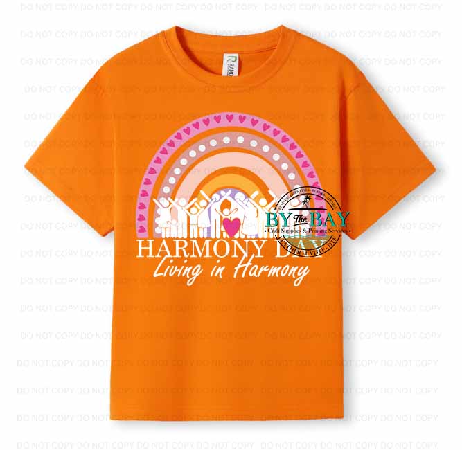 Rainbow White Text Harmony Day Kids Tee