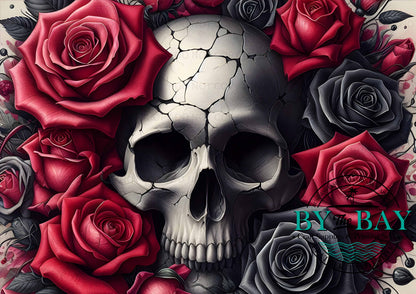 Blk Red Rose Skull Bag Panel