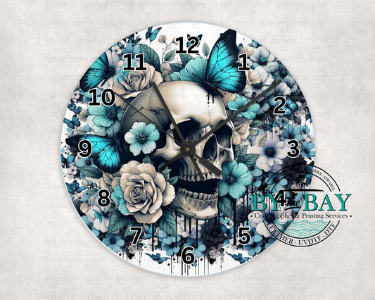 Skull Blue Flowers Clock