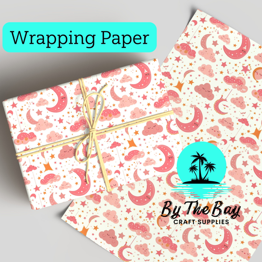 Pink moon and stars Wrapping Paper