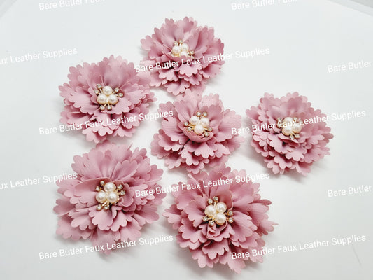 Ruffled Flower with Rhinestone center - Pink Mauve - Bare Butler Faux Leather Supplies 