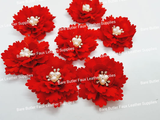 Ruffled Flower with Rhinestone center - Red - Bare Butler Faux Leather Supplies 