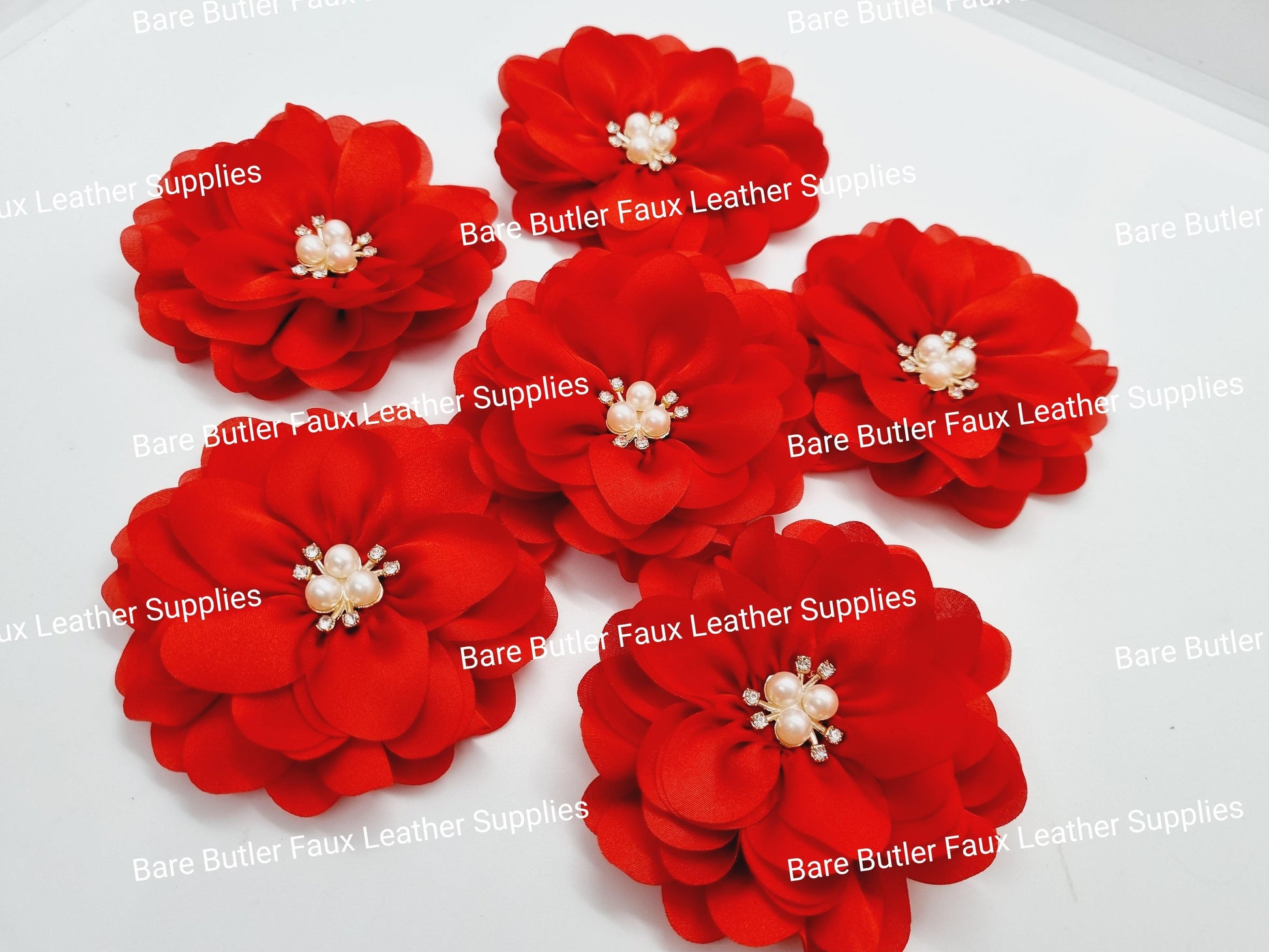 Chiffon Flower with Rhinestone center - Red - Bare Butler Faux Leather Supplies 