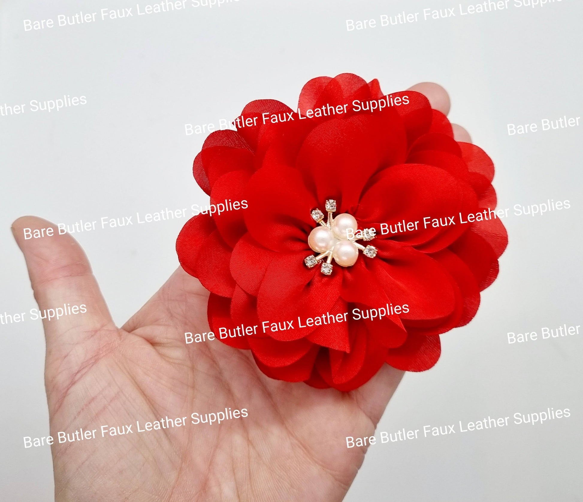 Chiffon Flower with Rhinestone center - Red - Bare Butler Faux Leather Supplies 