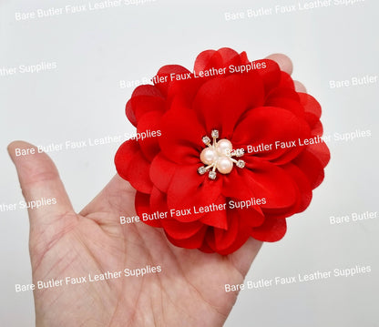 Chiffon Flower with Rhinestone center - Red - Bare Butler Faux Leather Supplies 