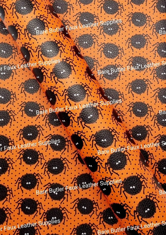 Spiders/ Orange Background Litchi - Bare Butler Faux Leather Supplies 